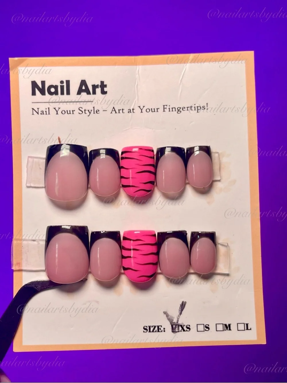 Pink & Black French Press-On Nails with Neon Pink Zebra Accent